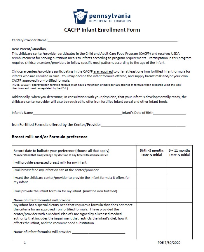 LVCC - CACFP - Infant Enrollment Form