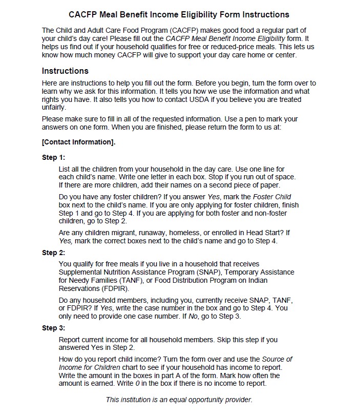 Meal Benefit Income Eligibility Form Instructions LVCC - CACFP - Meal Benefit Income Eligibility From Instructions