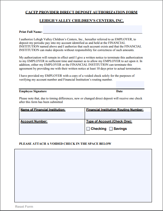 Provider Direct Deposit Authorization Form - English LVCC - CACFP - Provider Direct Deposit Authorization Form - English