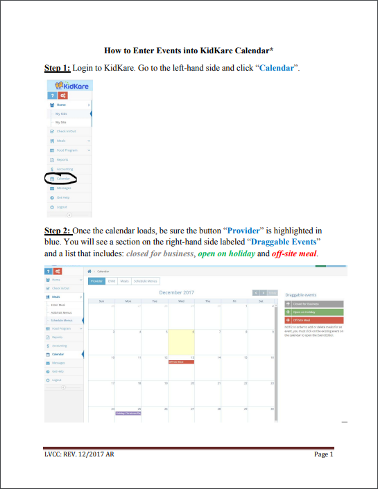 LVCC - CACFP - Tutorials - How to Enter Events into KidKare - English
