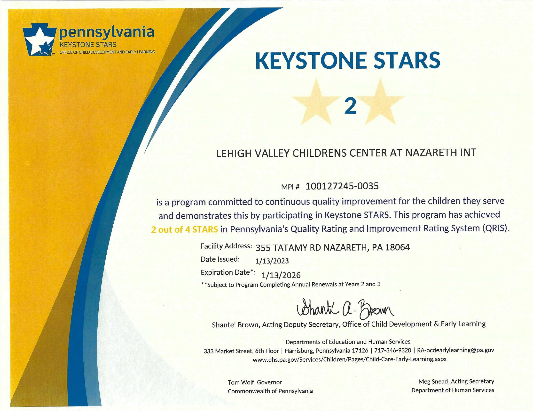 LVCC - Nazareth Intermediate School - Keystone Stars Ranking - Nazareth, PA