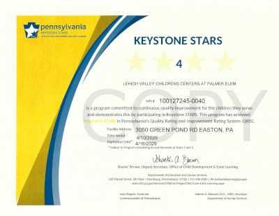 Keystone STARS Certificate LVCC - Palmer School - Keystone Stars Ranking - Easton, PA