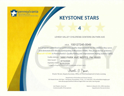 Keystone STARS Certificate LVCC - Park Avenue - Keystone Stars Ranking - Neffs, PA
