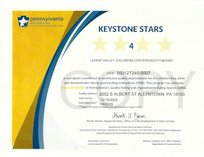 Keystone STARS Certificate LVCC - South Mountain - Keystone Stars Ranking - Allentown, PA