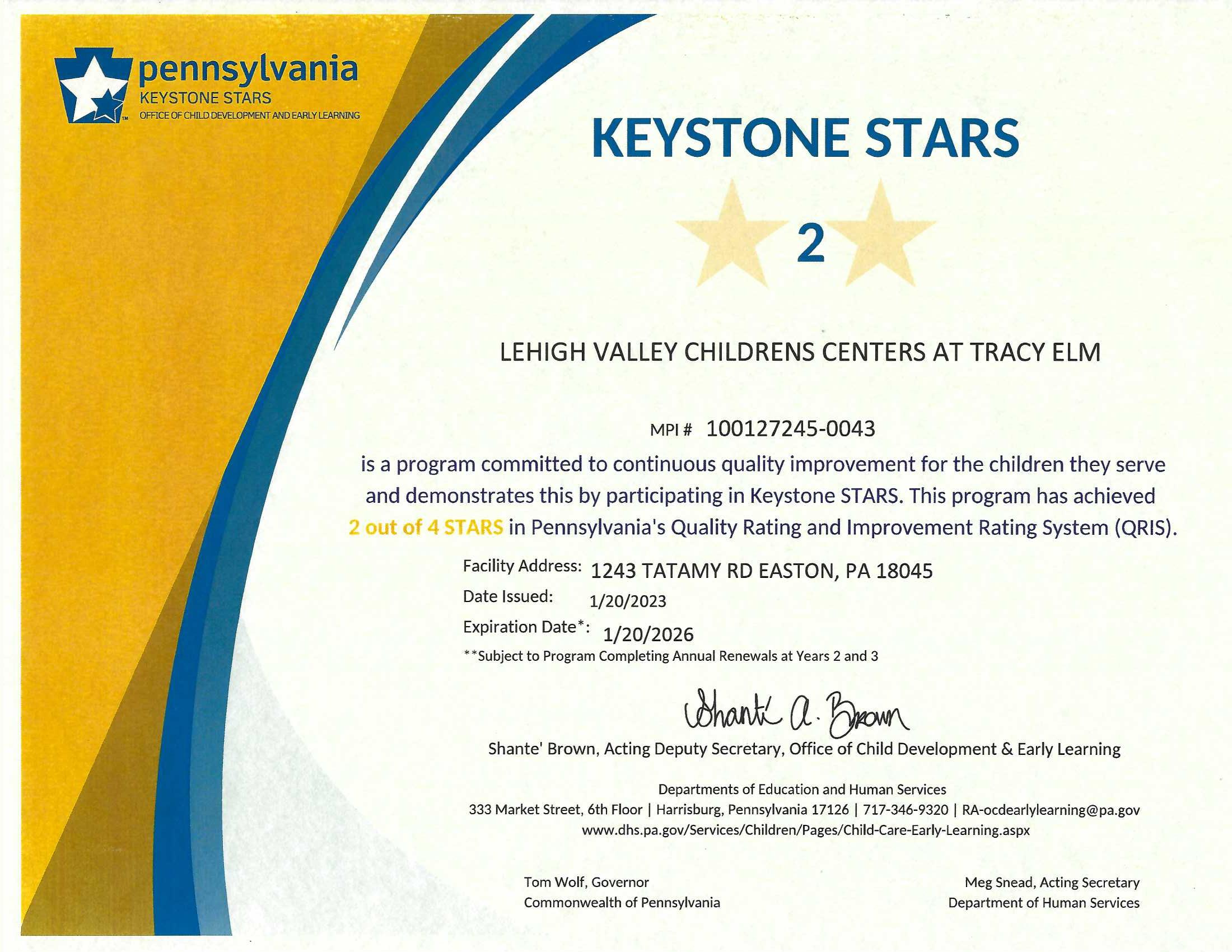 LVCC - Tracy School - Keystone Stars Ranking - Easton, PA