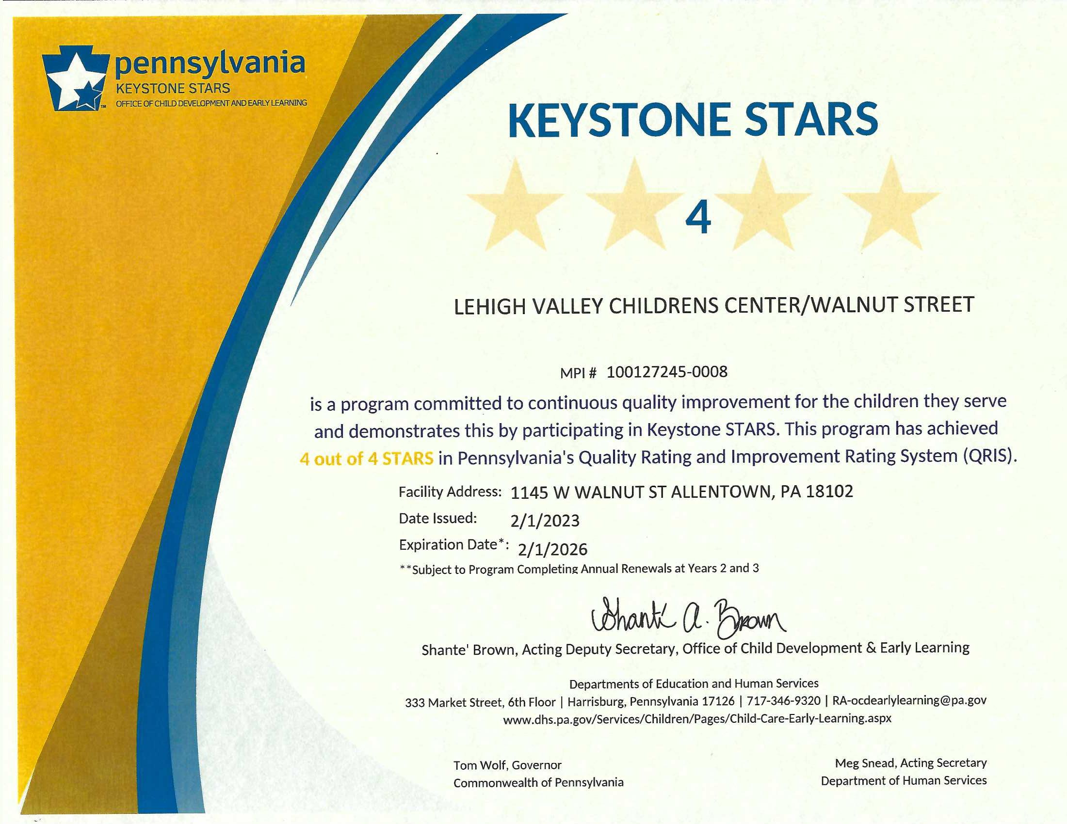 LVCC - Walnut Street - Keystone Stars Ranking - Allentown, PA