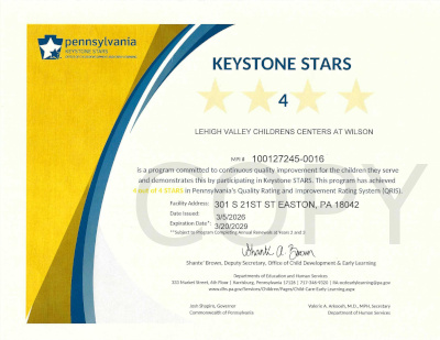 Keystone STARS Certificate LVCC - Wilson School - Keystone Stars Ranking - Easton, PA